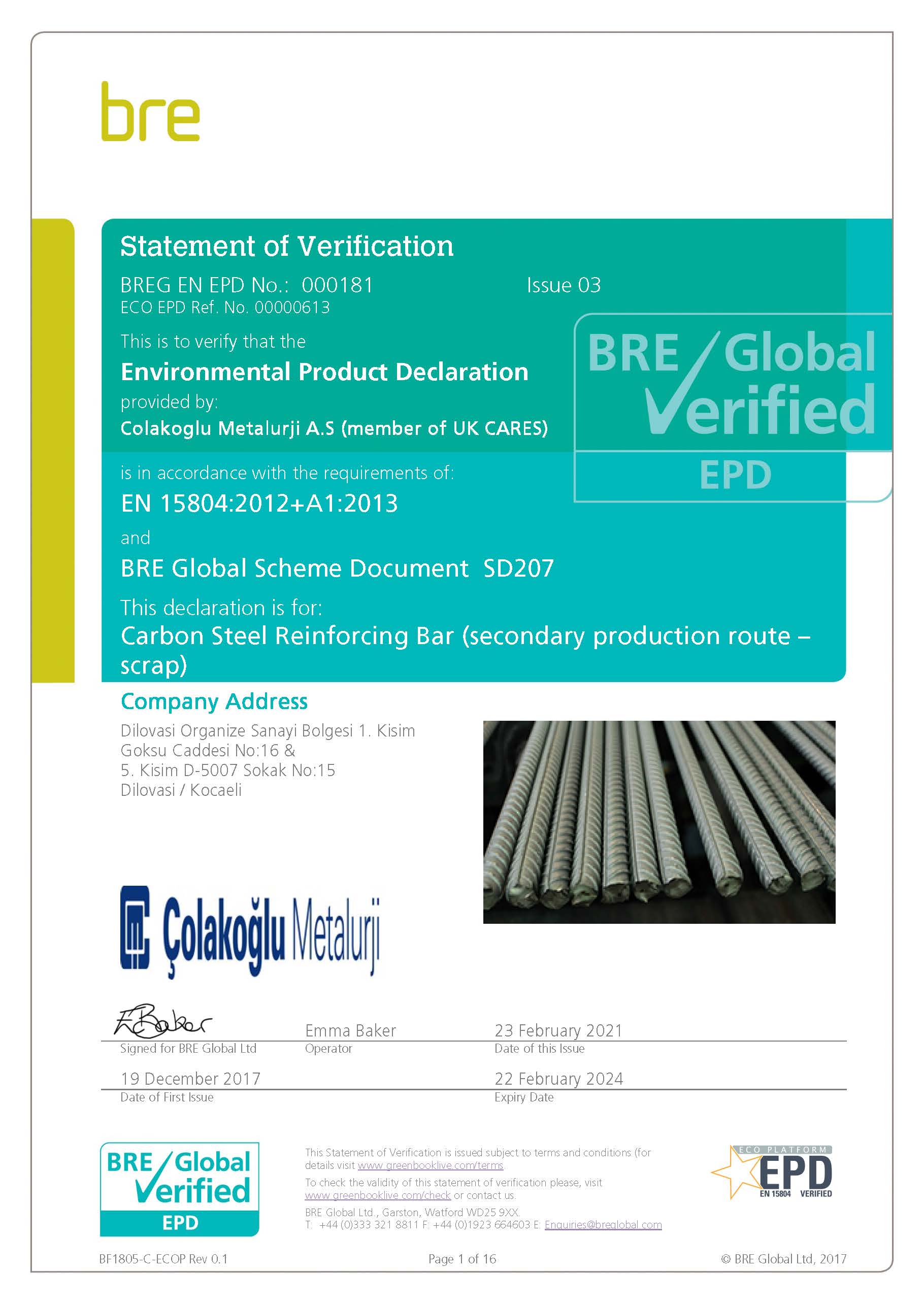 Colakoglu Metalurji A.S. EPD